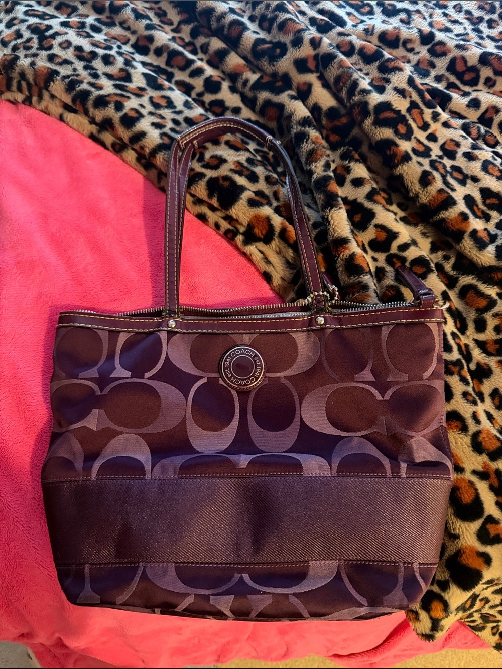 Coach Plum Signature Tote with Leather Trim